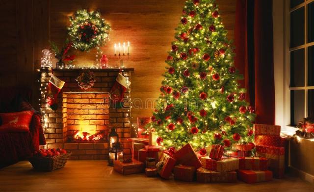 interior christmas magic glowing tree fireplace gifts dark night interior christmas magic glowing tree fireplace gifts 163223712